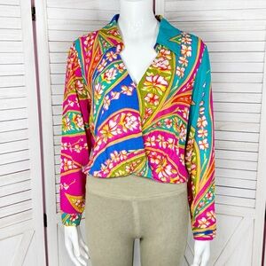 Haute Hippie Hawaiian Floral Faux Wrap Crop Long Sleeve Blouse Pink Teal Small